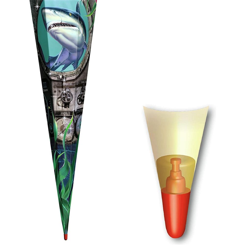 Roth Schultüte Hai, 85cm, eckig, Rot(h)-Spitze, Tüllverschluss (Silbertüll), Folieneffekt