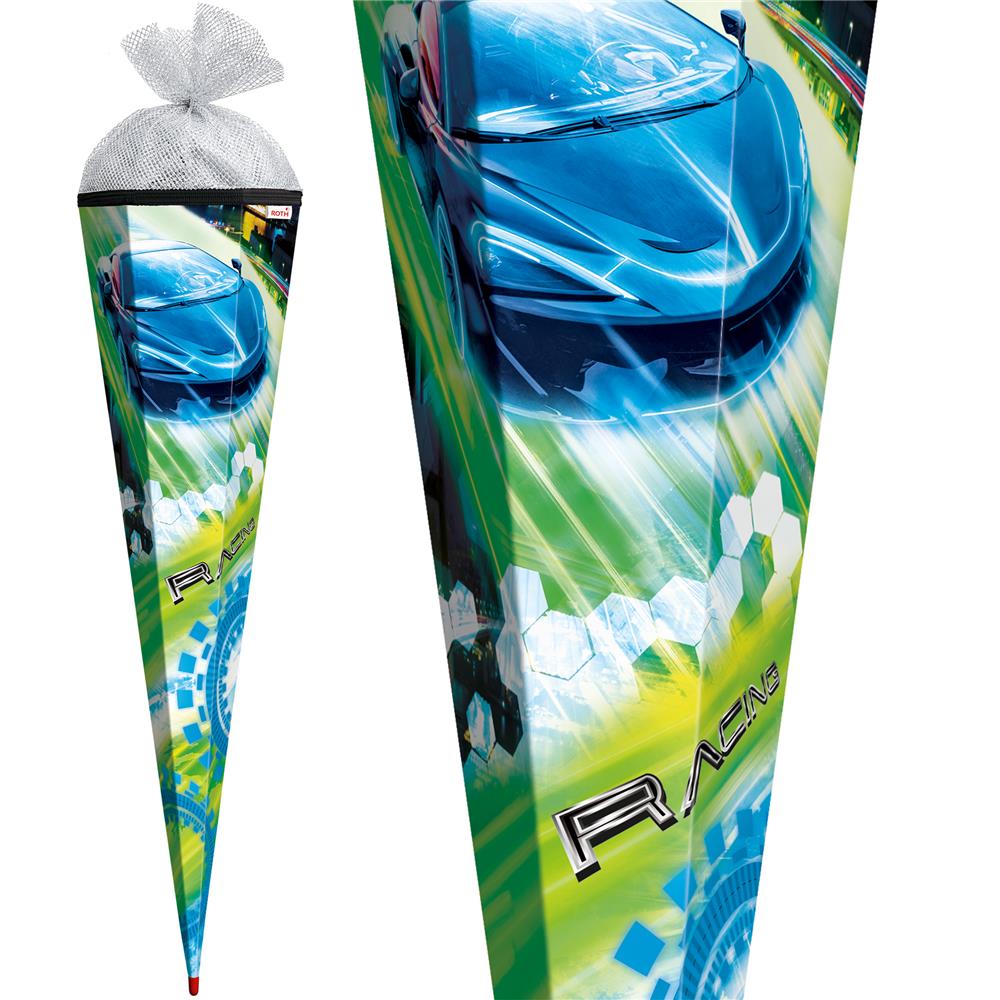 Roth Schultüte Racing, 85cm, eckig, Rot(h)-Spitze, Tüllverschluss (Silbertüll)