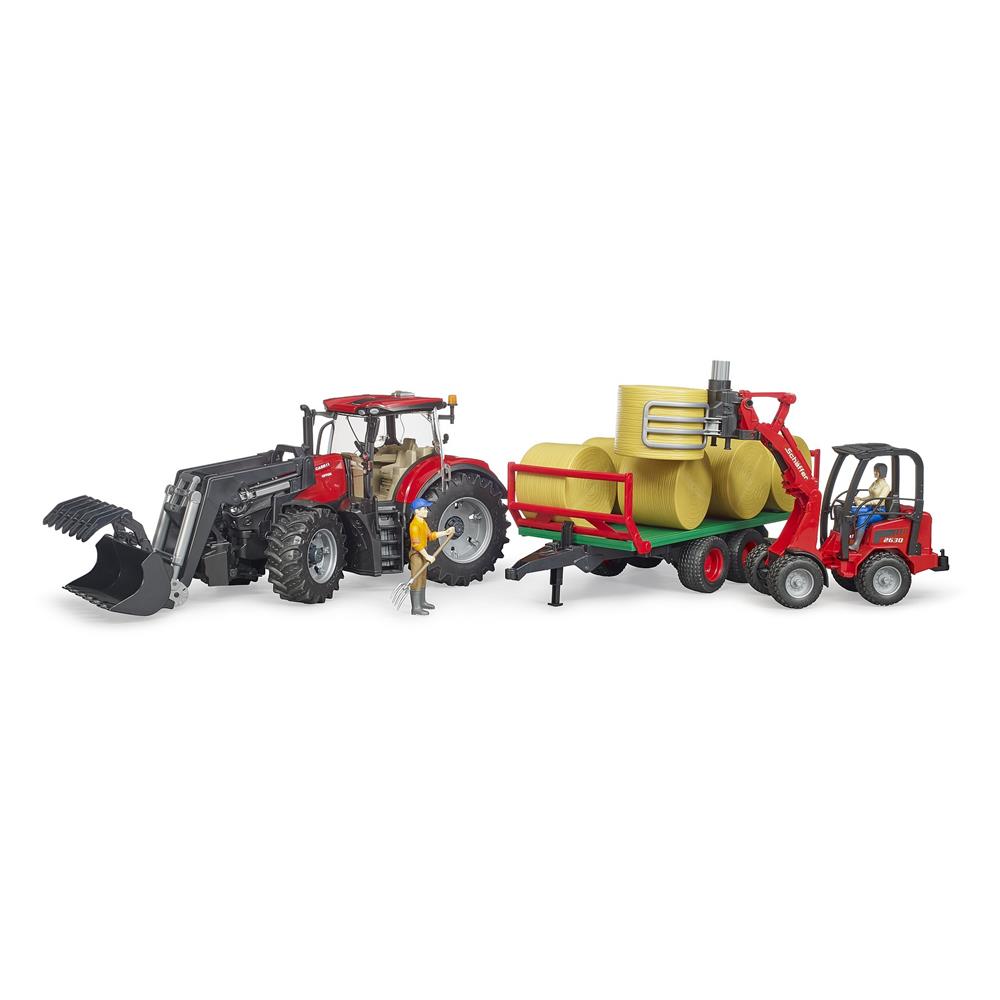 Bruder 03198 - Case IH Optum 300CVX mit Frontlader und Ballentransportanhänger mit 8 Rundballen