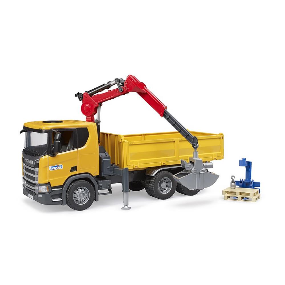 Bruder 03551 - Scania Super 560R Baustellen-LKW mit Kran und 2 Paletten, 1:16