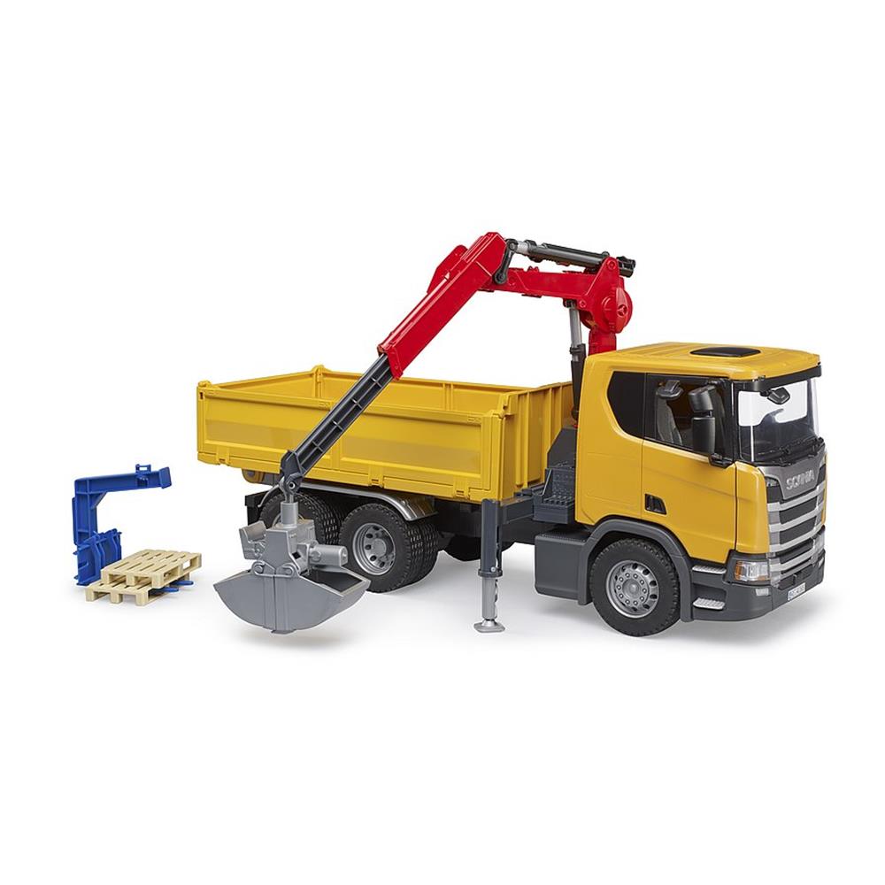 Bruder 03551 - Scania Super 560R Baustellen-LKW mit Kran und 2 Paletten, 1:16