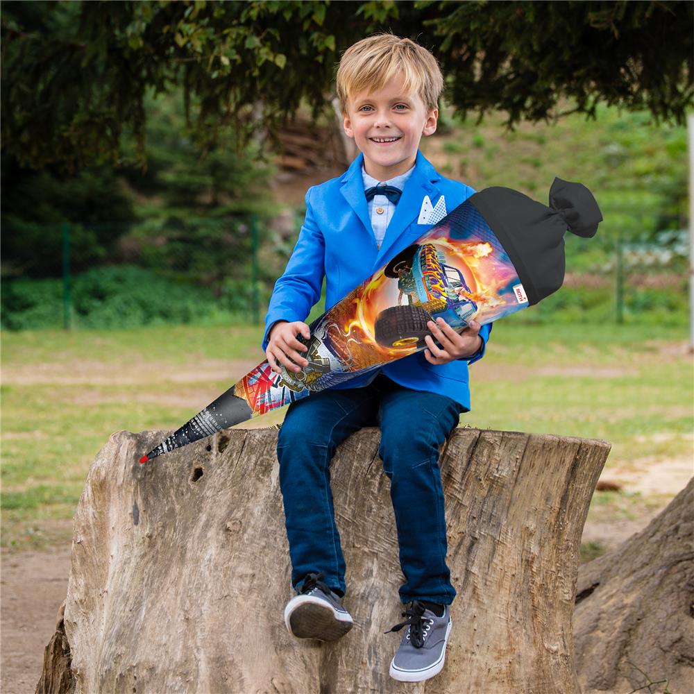 Roth Schultüte Monstertruck Fire, 70cm, rund, Rot(h)-Spitze, Filzverschluss, Folieneffekt