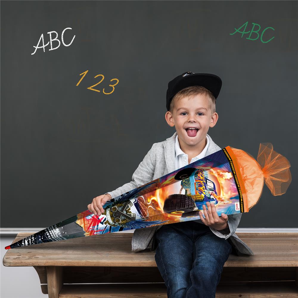 Roth Schultüte Monstertruck Fire, 85cm, eckig, Rot(h)-Spitze, Tüllverschluss, Folieneffekt