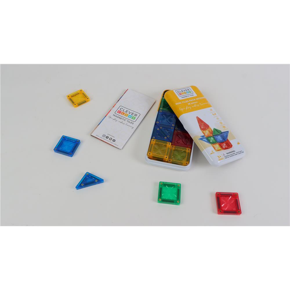 Cleverclixx Mini Tiles Pack Knallfarben 28 Teile, kompaktes Design für unterwegs ToGo, inklusive Aufbewahrungsbox, Magnetspielzeug
