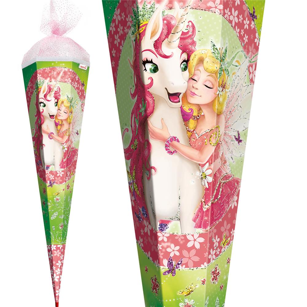 Roth Schultüte Einhornglück, 85cm, eckig, Rot(h)-Spitze, Tüllverschluss, Glitzer, Glitzerborte