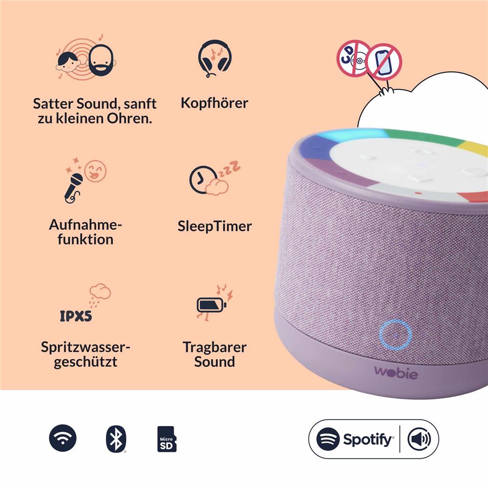 Wobie Box Violett Kinder Musikbox mit Spotify, WLAN, Bluetooth, SD-Slot & Kopfhöreranschluss