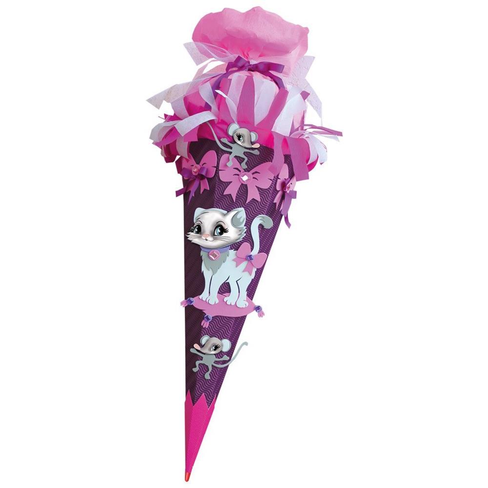 Roth Schultüte-Bastelset, Kätzchen, 68cm, eckig, Rot(h)-Spitze, Kreppverschluss