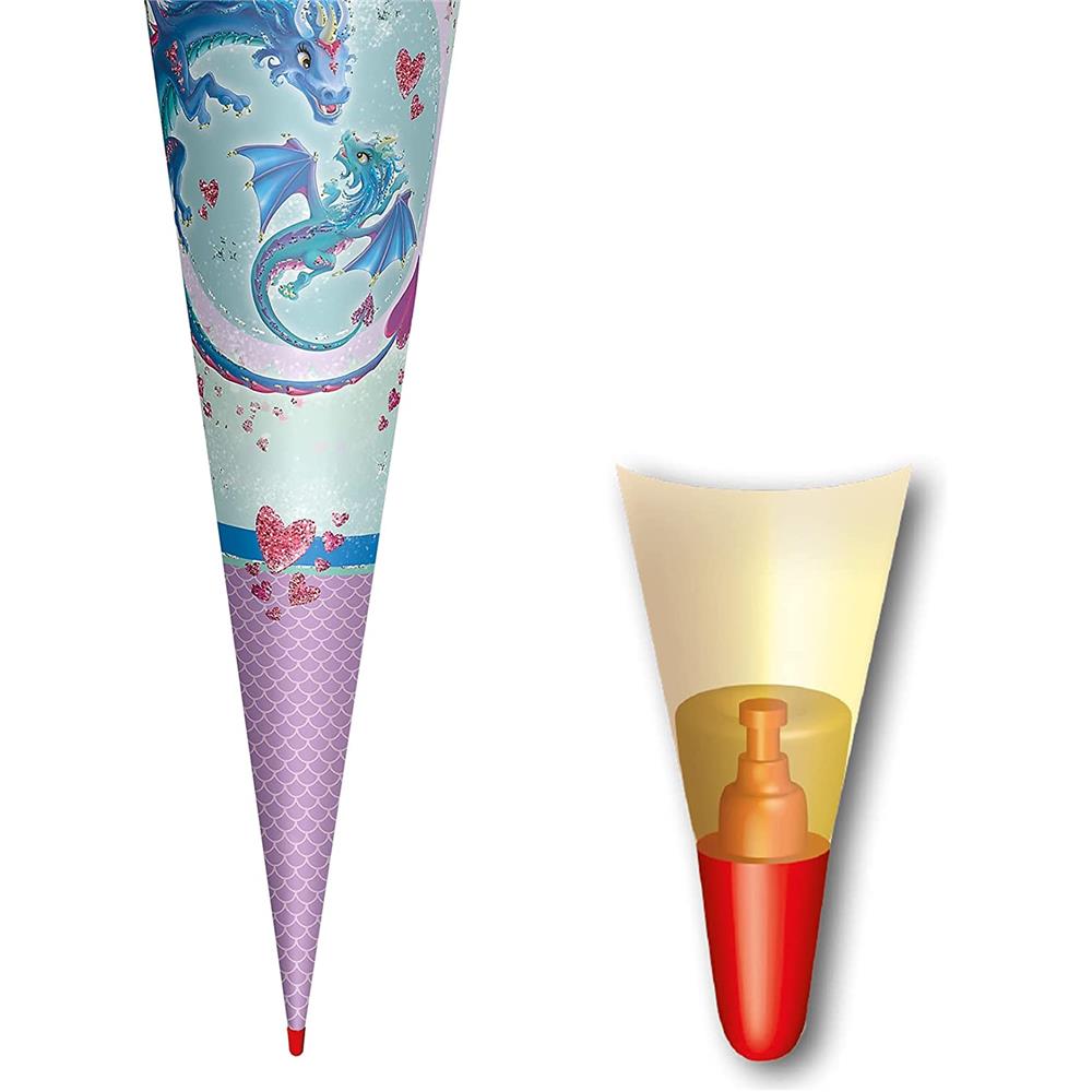 Roth Schultüte Drachenliebe, 70cm, rund, Rot(h)-Spitze, Filzverschluss, Glitter