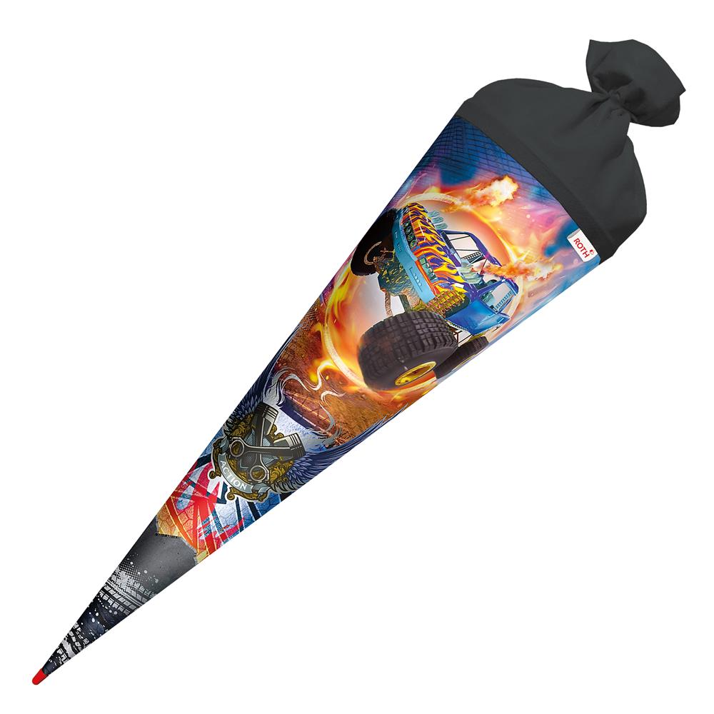 Roth Schultüte Monstertruck Fire, 70cm, rund, Rot(h)-Spitze, Filzverschluss, Folieneffekt