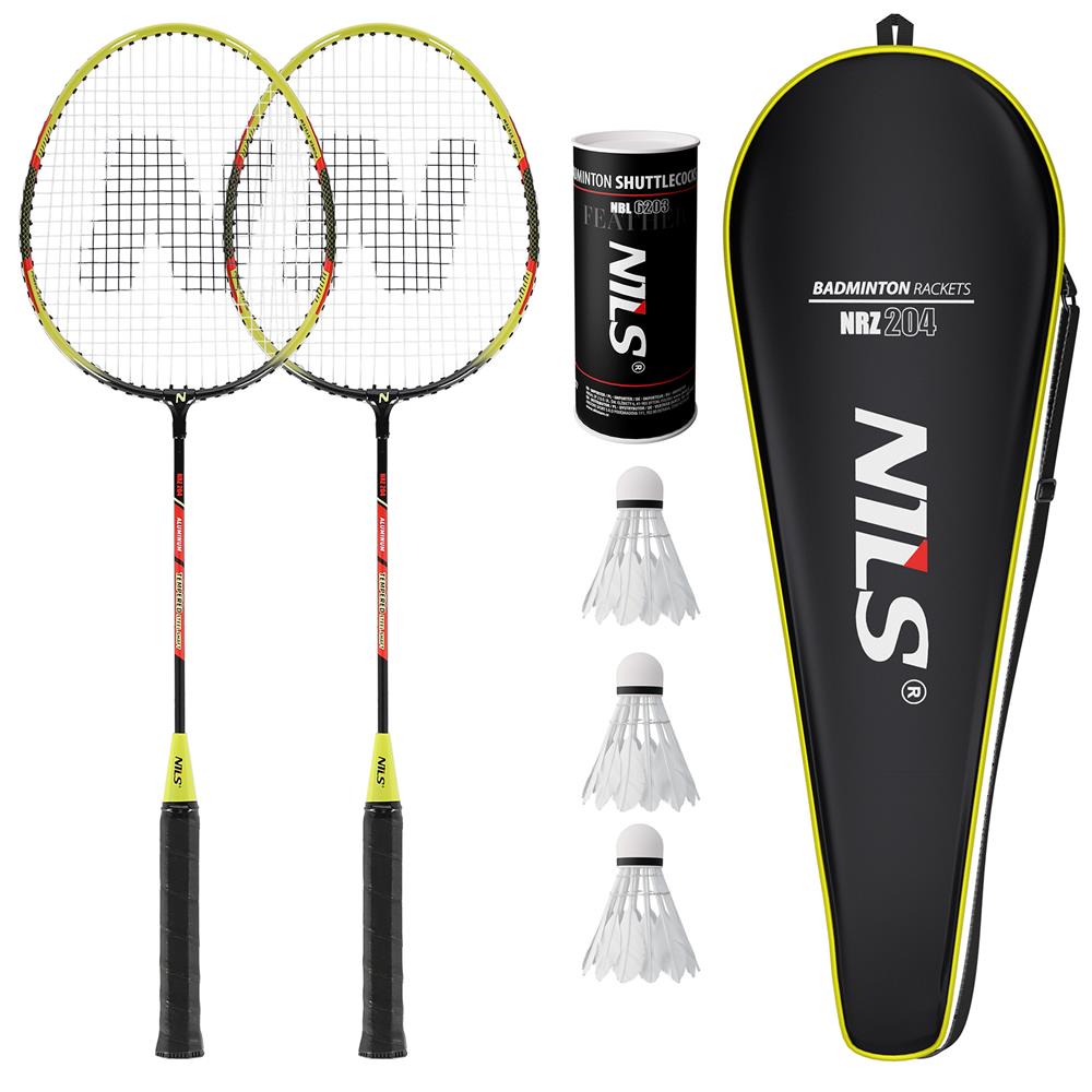 NILS Badminton Set mit 2 Schlägern 3 Federbällen und Tasche, Freizeit Sport