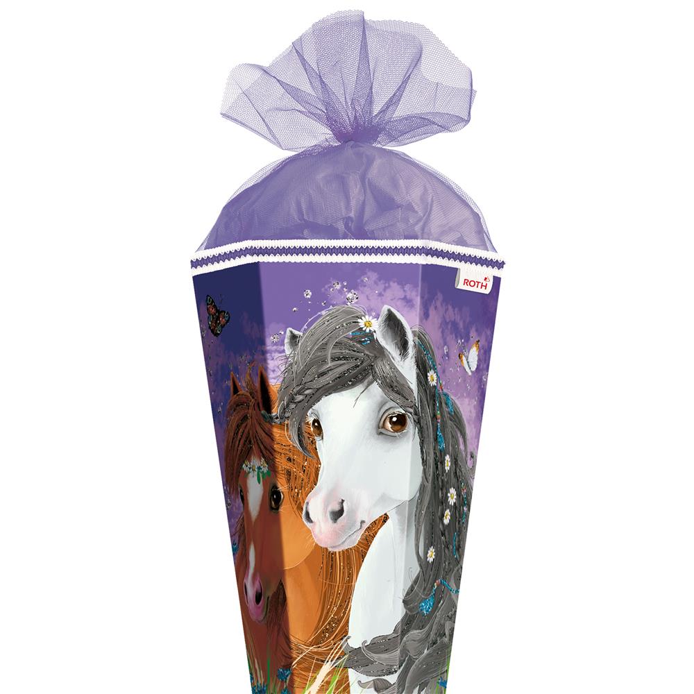 Roth Schultüte Blumenpferde, 85cm, eckig, Rot(h)-Spitze, Tüllverschluss, Glitter