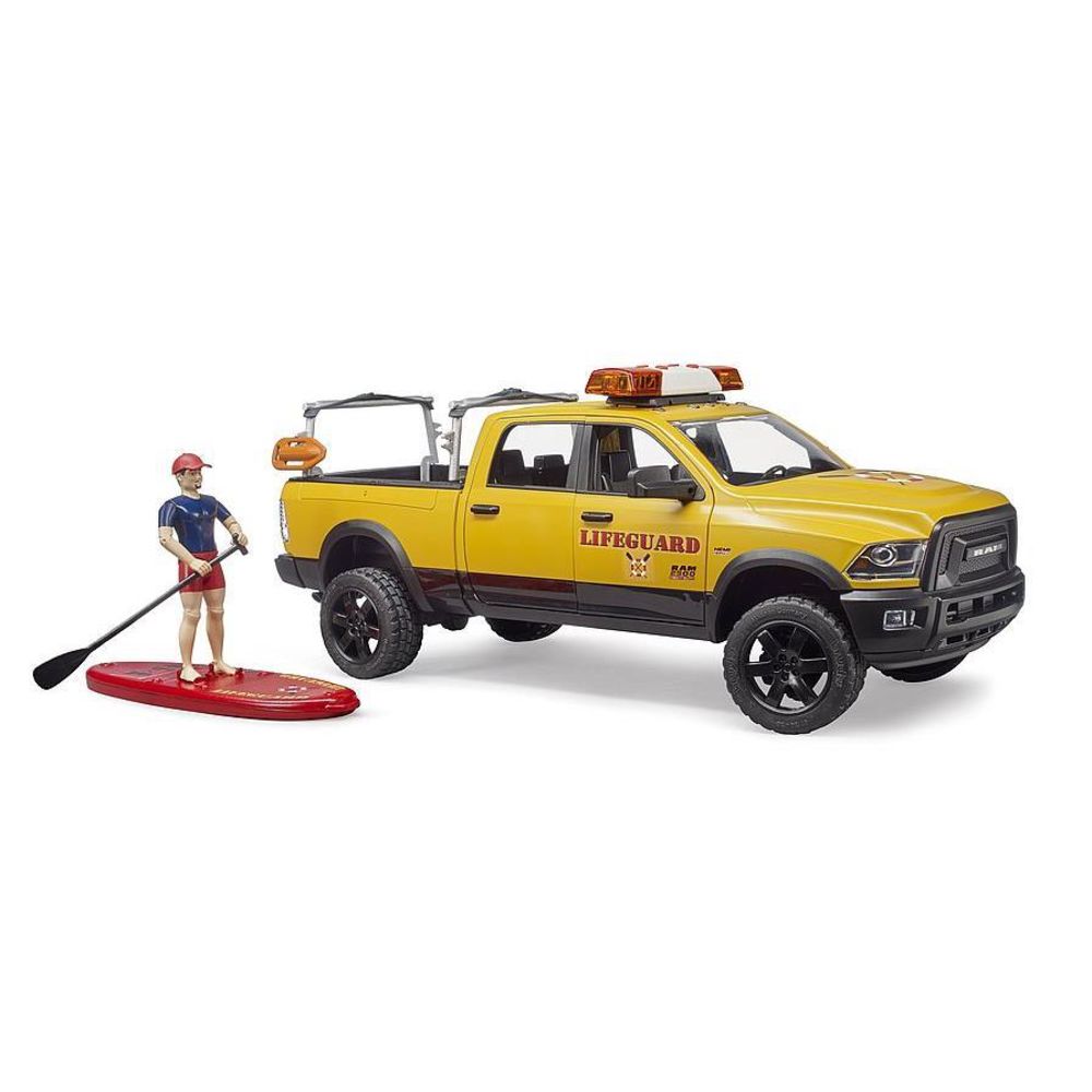 Bruder 02506 - RAM 2500 Power Wagon Life Guard mit Figur, Stand Up Paddle und Light & Sound Modul