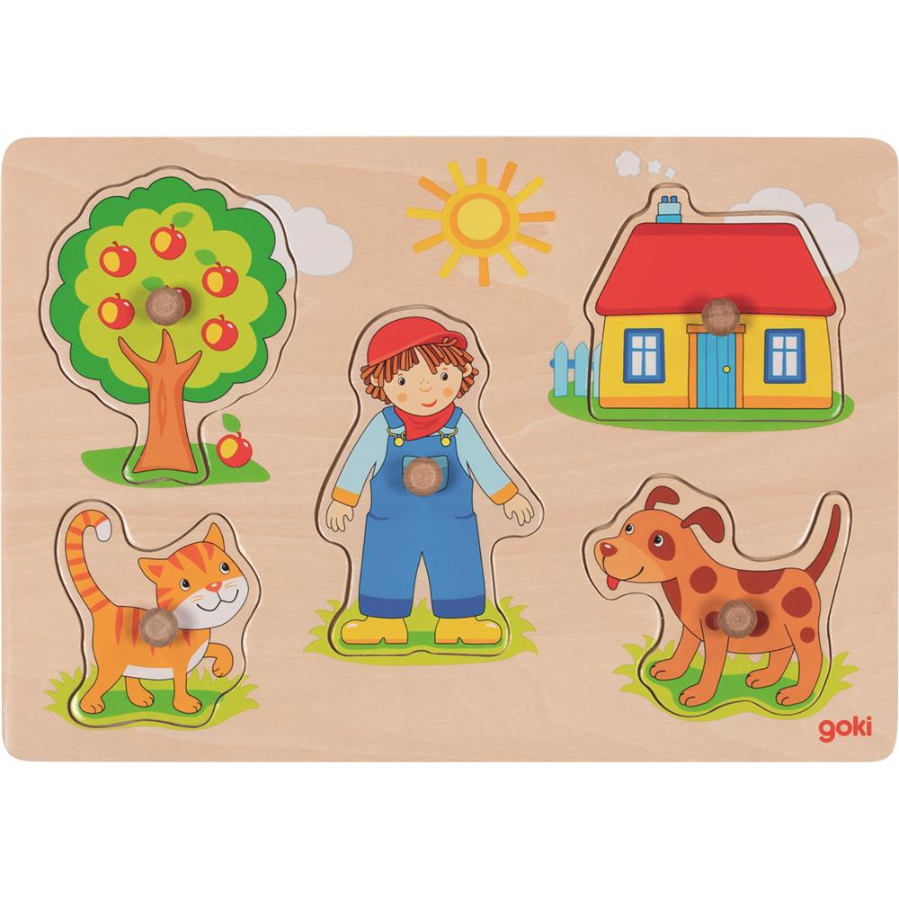goki Katze, Hund Steckpuzzle – Holzspielzeug 5-teilig, für Kinder ab 1 Jahr