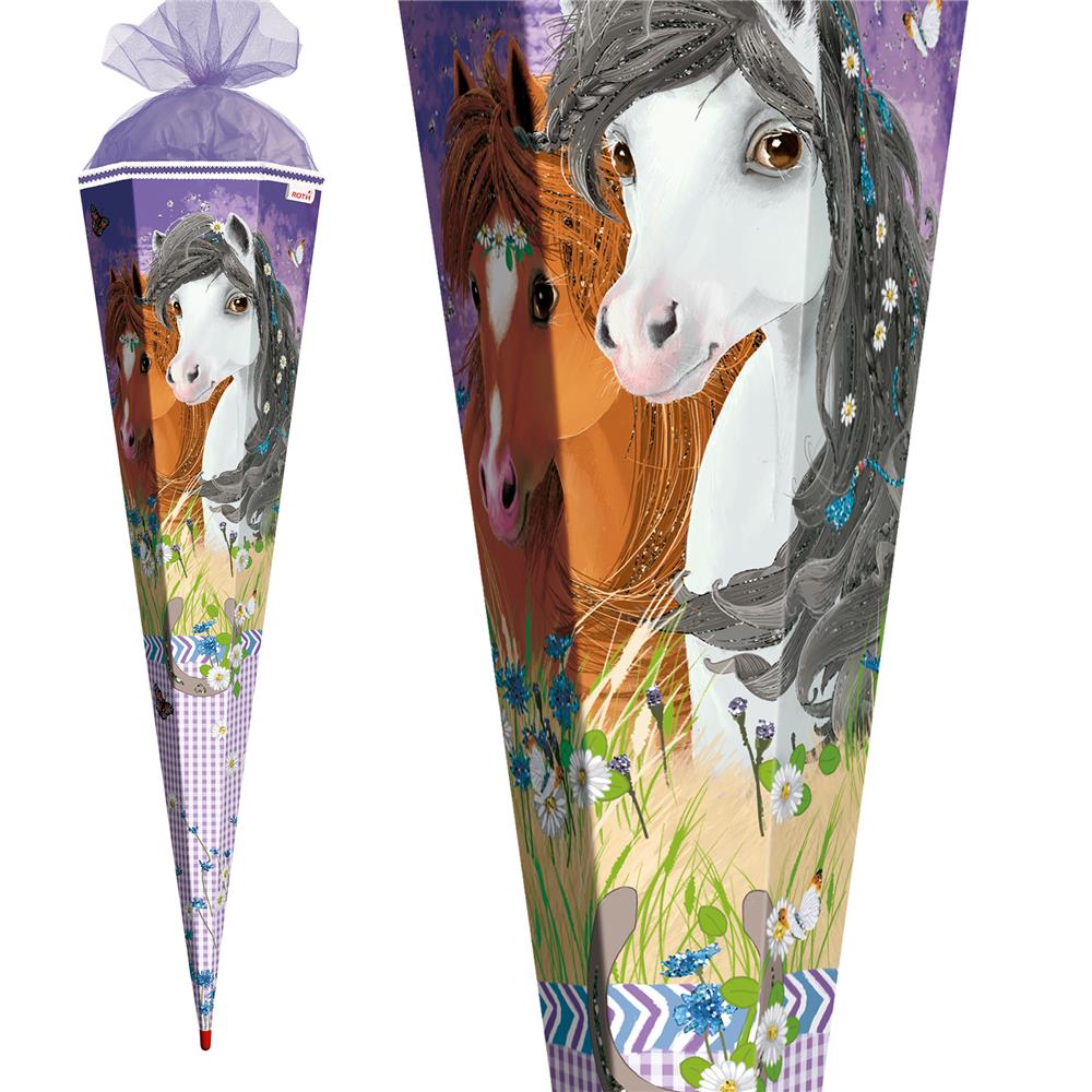 Roth Schultüte Blumenpferde, 85cm, eckig, Rot(h)-Spitze, Tüllverschluss, Glitter