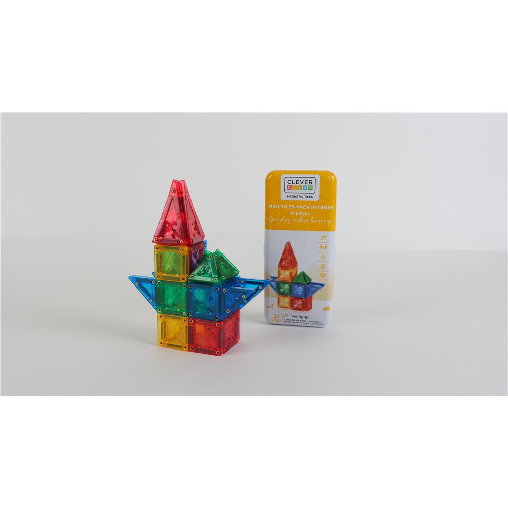 Cleverclixx Mini Tiles Pack Knallfarben 28 Teile, kompaktes Design für unterwegs ToGo, inklusive Aufbewahrungsbox, Magnetspielzeug