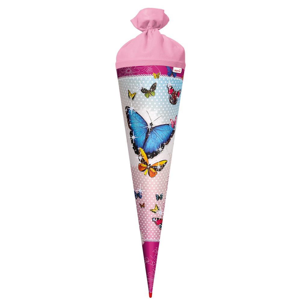 Roth Schultüte Butterfly, 70cm, rund, Rot(h)-Spitze, Filzverschluss, Glitter