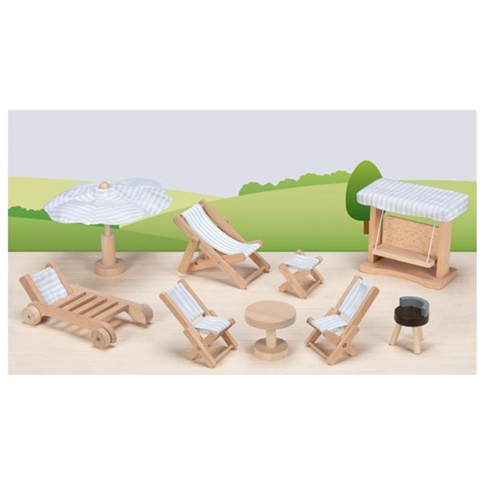 Goki Puppenmöbel Garten, 9-teiliges Puppenhauszubehör aus Holz