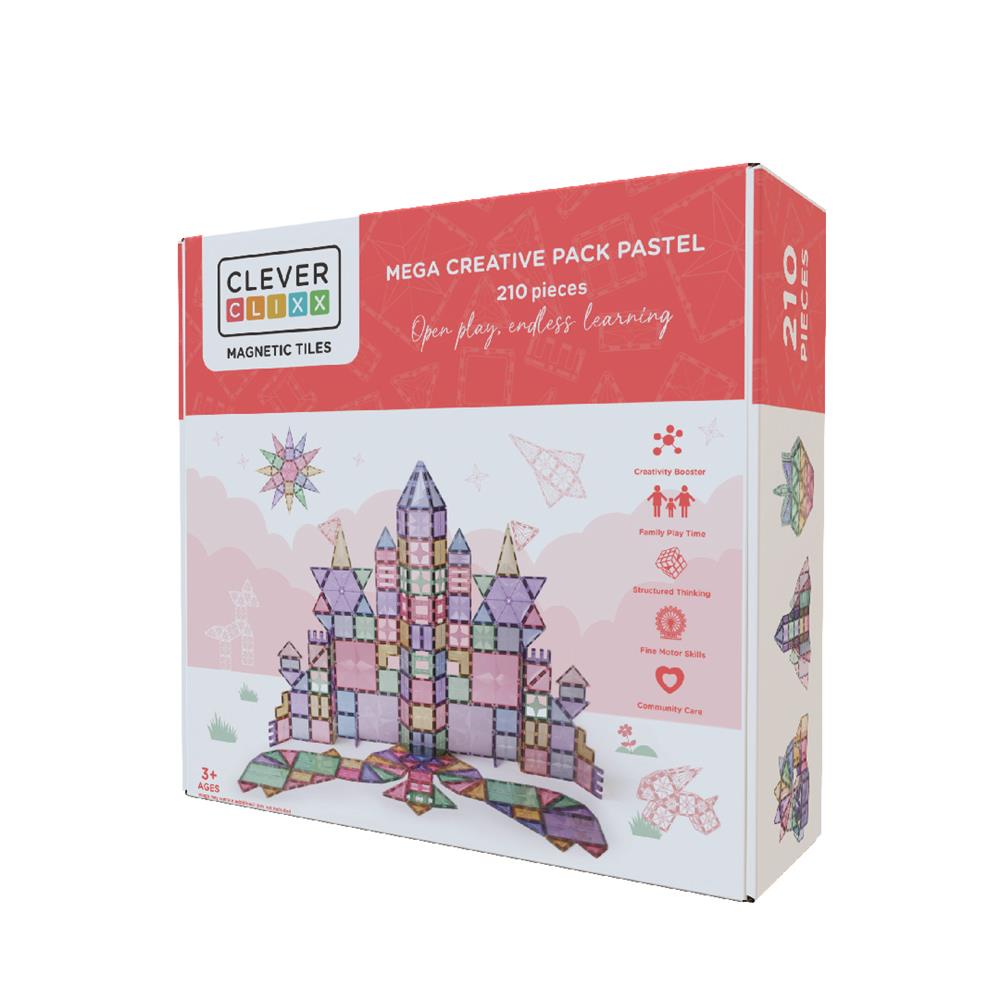 Cleverclixx Mega-Kreativ-Bausatz in Pastellfarben 210 Teile , vielseitige Formen, Magnetspielzeug