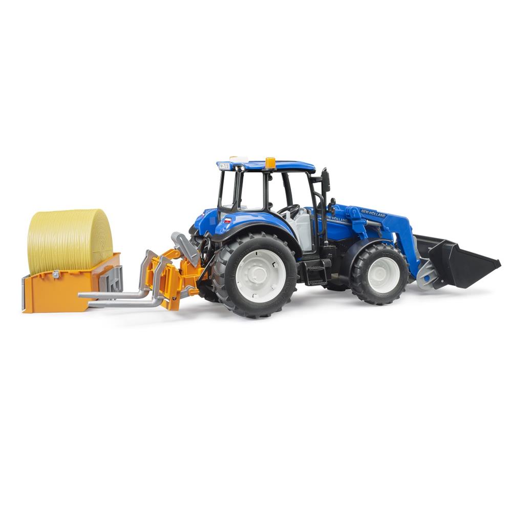 Bruder 02187 - New Holland T5.120 mit Frontlader, Ladekasten, Gabeln und Rundballen, 1:16, Traktor