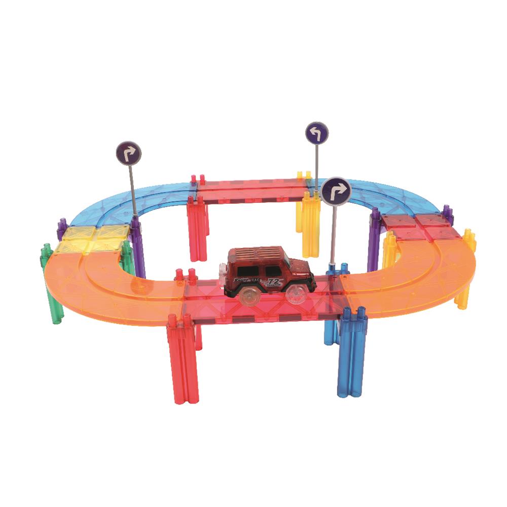 Cleverclixx Autobahn-Bausatz in Knallfarben 65 Teile, Magnetspielzeug Rennstrecke mit Auto & Verkehrsschilder