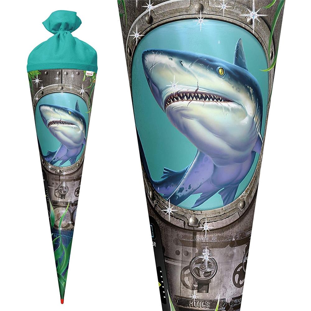 Roth Schultüte Hai, 70cm, rund, Rot(h)-Spitze, Filzverschluss, Folieneffekt