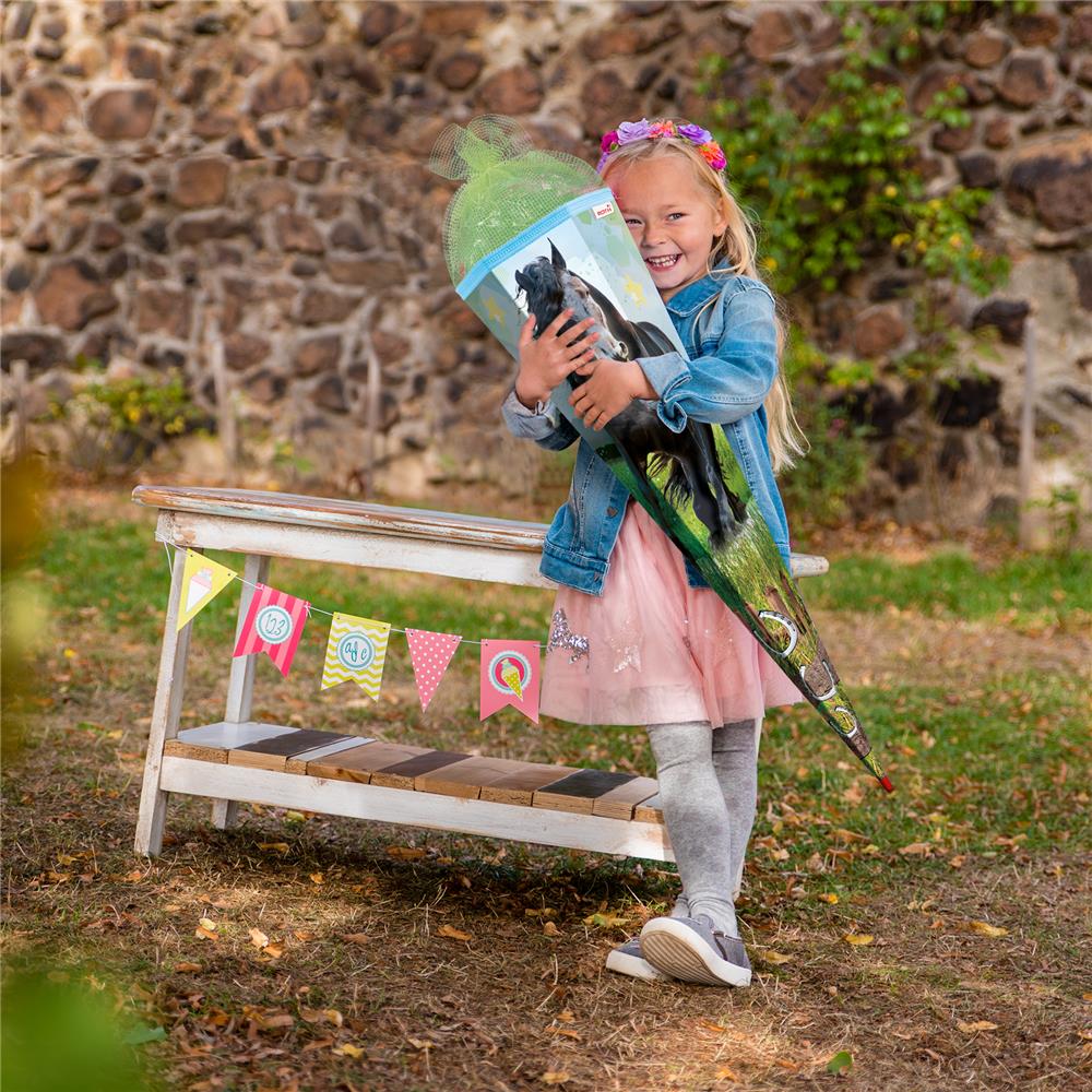 Roth Schultüte Power Pferd, 85cm, eckig, Rot(h)-Spitze, Tüllverschluss (Netztüll)