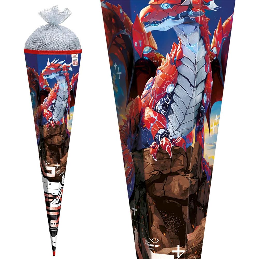 Roth Schultüte Robo Drache, 85cm, eckig, Rot(h)-Spitze, Tüllverschluss (Silbertüll), Folieneffekt