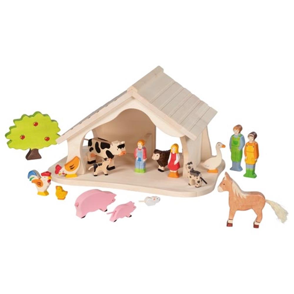 Holztiger Stall und Krippe, als Bauernhof oder Weihnachtskrippe, Holzspielzeug, ab 3 Jahren