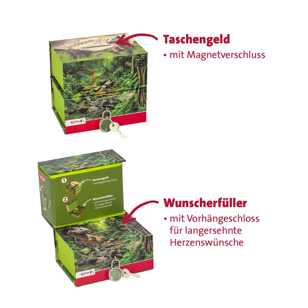 Roth Spardose Dinosaurier Tyrannosaurus, mit 2 getrennten Boxen, mit Magnet und Vorhängeschloss