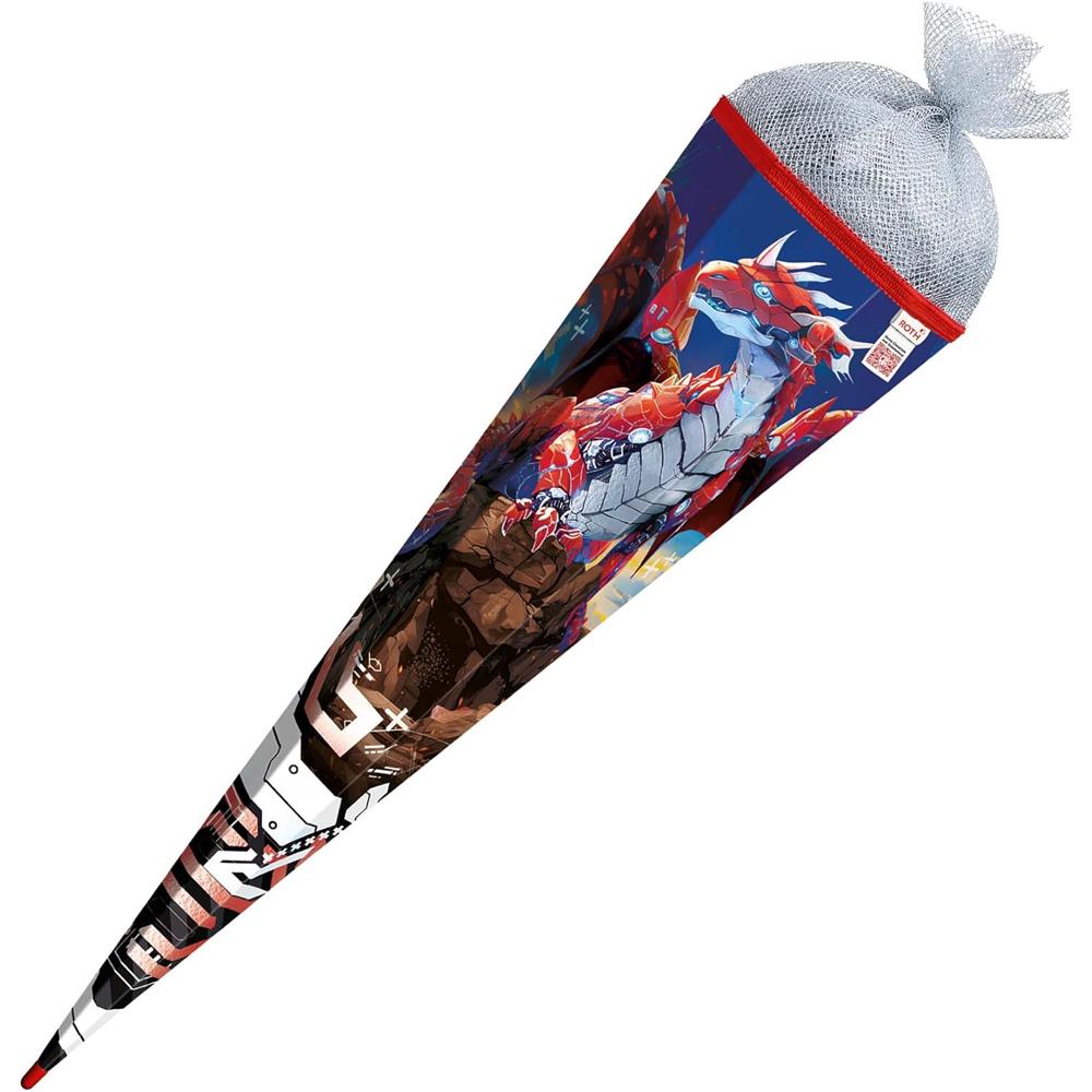 Roth Schultüte Robo Drache, 85cm, eckig, Rot(h)-Spitze, Tüllverschluss (Silbertüll), Folieneffekt