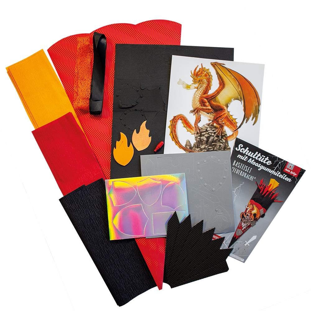 Roth Schultüte-Bastelset, Feuerdrache, 68cm, eckig, Rot(h)-Spitze, Kreppverschluss
