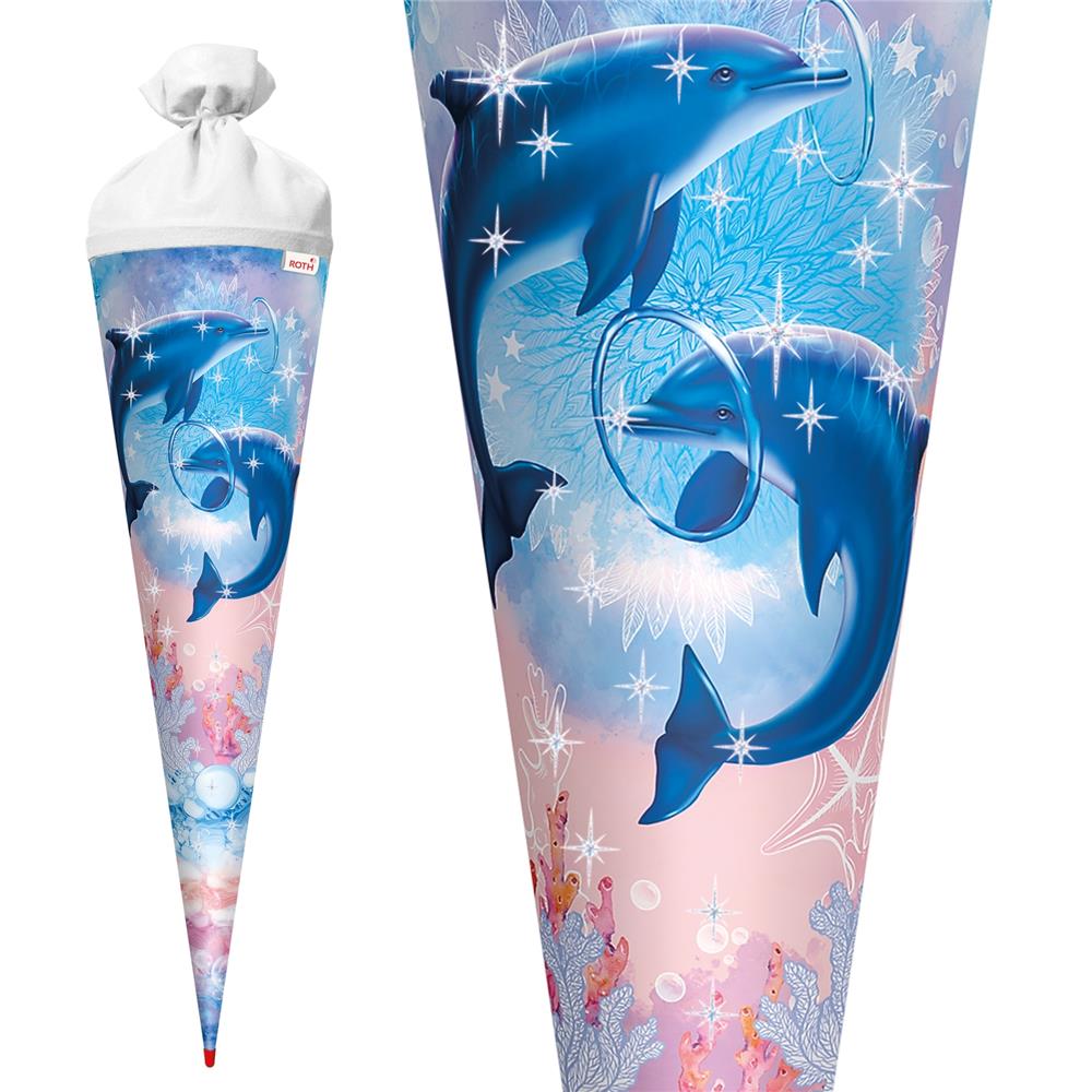 Roth Schultüte Delfine, 70cm, rund, Rot(h)-Spitze, Filzverschluss, Glitter