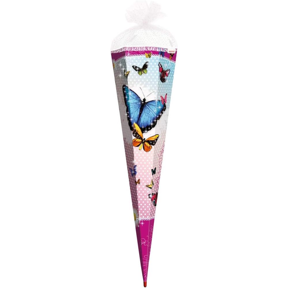 Roth Schultüte Butterfly, 85cm, eckig, Rot(h)-Spitze, Tüllverschluss, Glitter, Rüschenborte