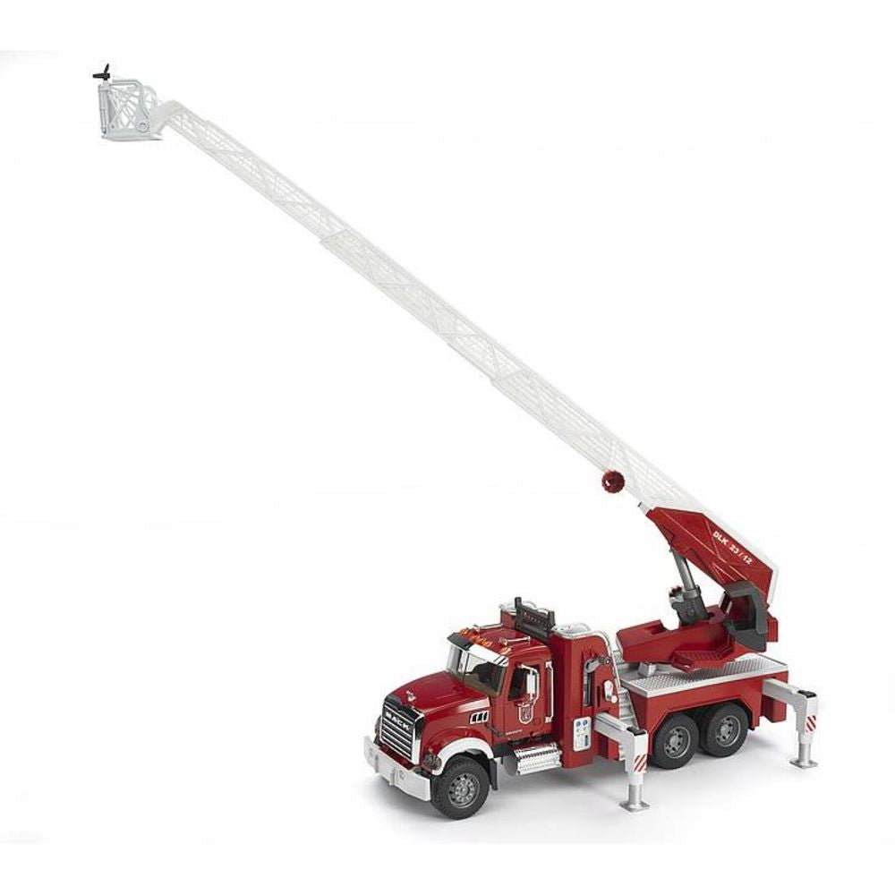 Bruder 02821 - MACK Granite Feuerwehrleiterwagen mit Drehleiter und Wasserpumpe, 1:16