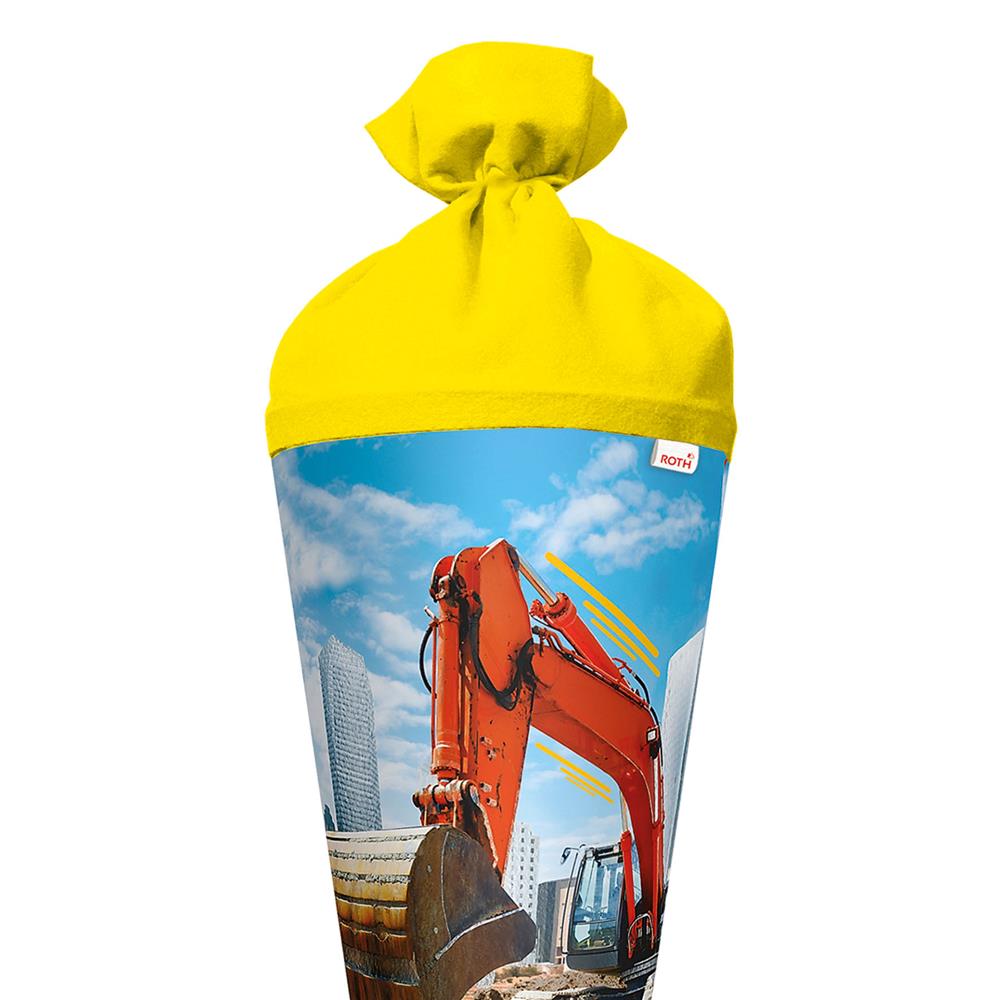 Roth Schultüte Achtung Bagger, 70cm, rund, Rot(h)-Spitze, Filzverschluss, Folieneffekt