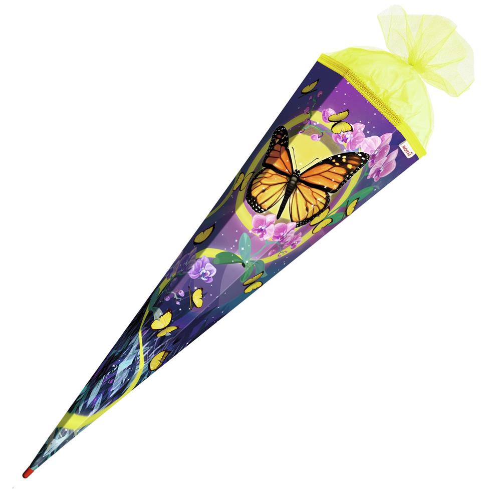 Roth Schultüte Schmetterling, 85cm, eckig, mit Rot(h)-Spitze und gelben Tüllverschluss