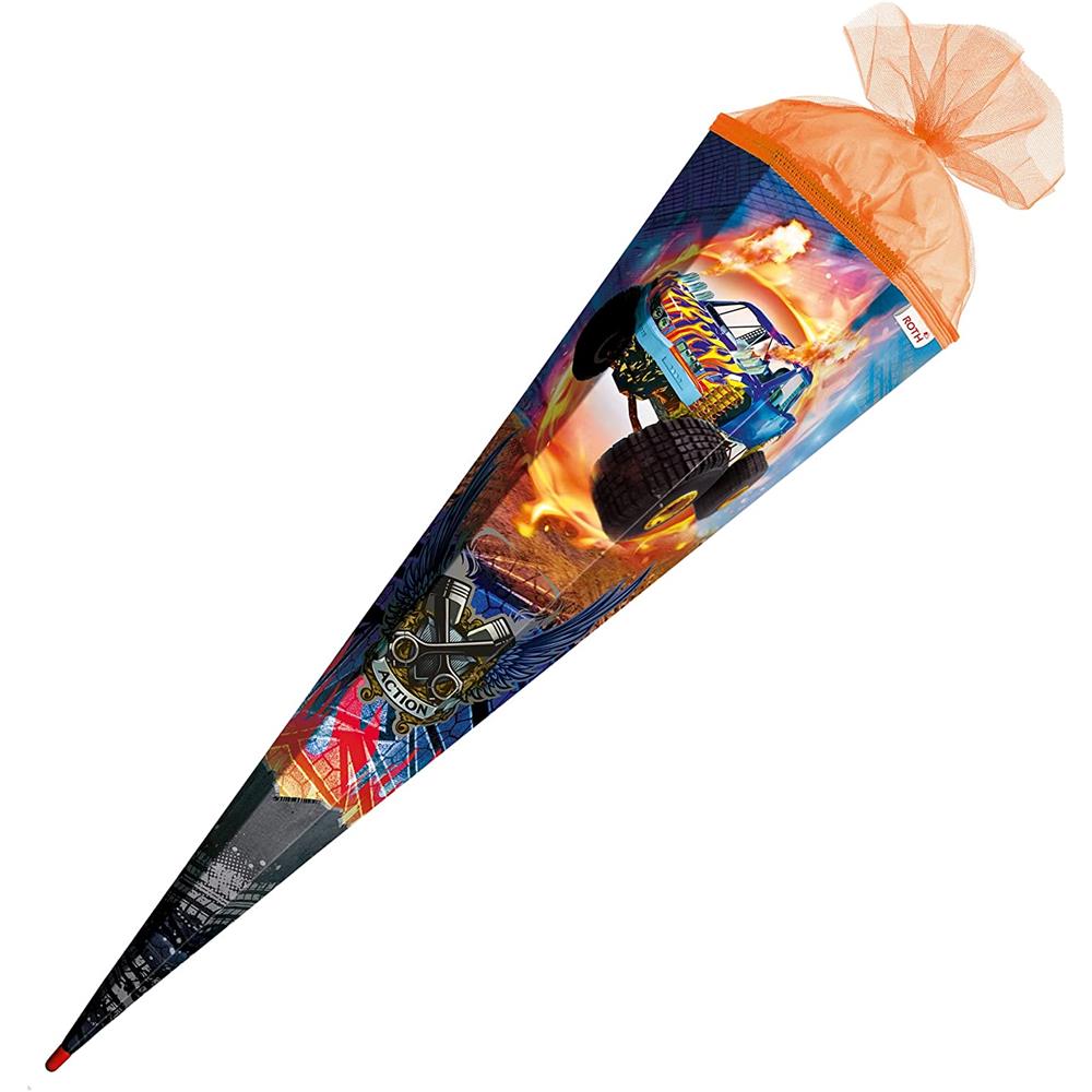 Roth Extra große XXL Schultüte Monstertruck Fire, 100cm, eckig, Rot(h)-Spitze, Tüllverschluss