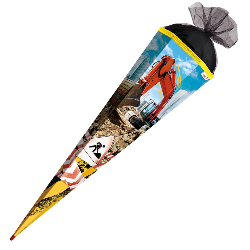 Roth Schultüte Achtung Bagger, 85cm, eckig, Rot(h)-Spitze, Tüllverschluss, Folieneffekt