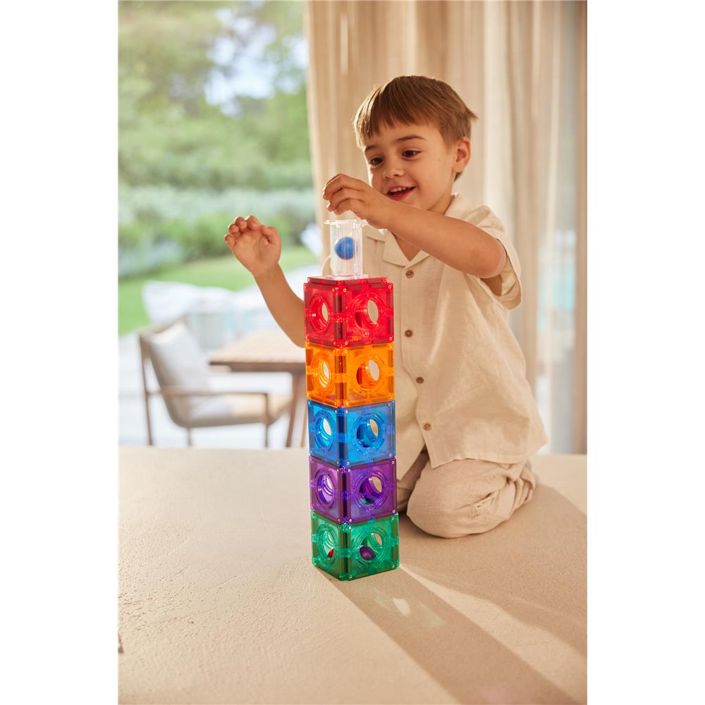 Cleverclixx Kugelbahn Kompakt-Bausatz Knallfarben 60 Teile, Erweiterungsset, Murmelbahn, Magnetspielzeug