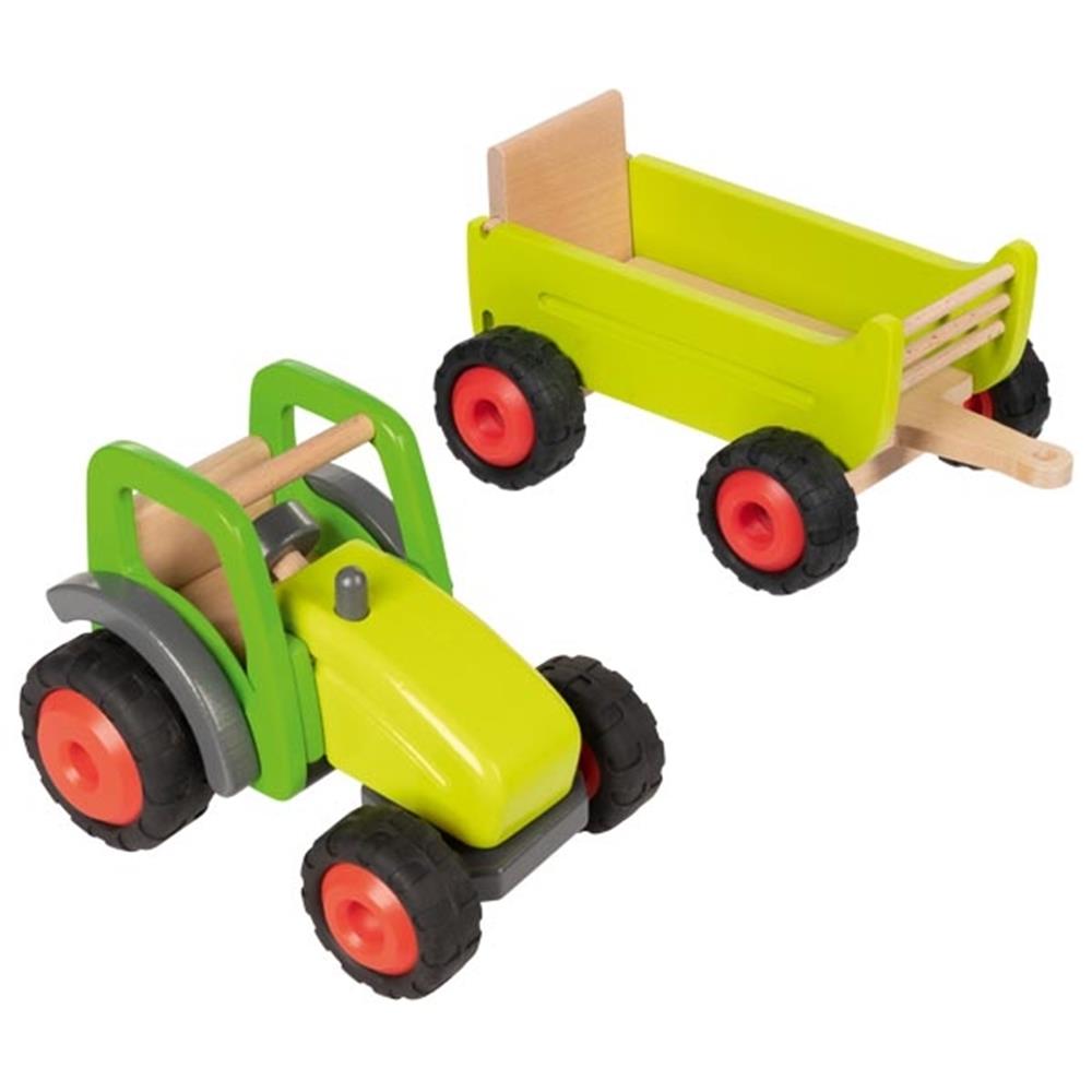 Goki Bauernhoffahrzeug aus Holz - Traktor mit Anhänger