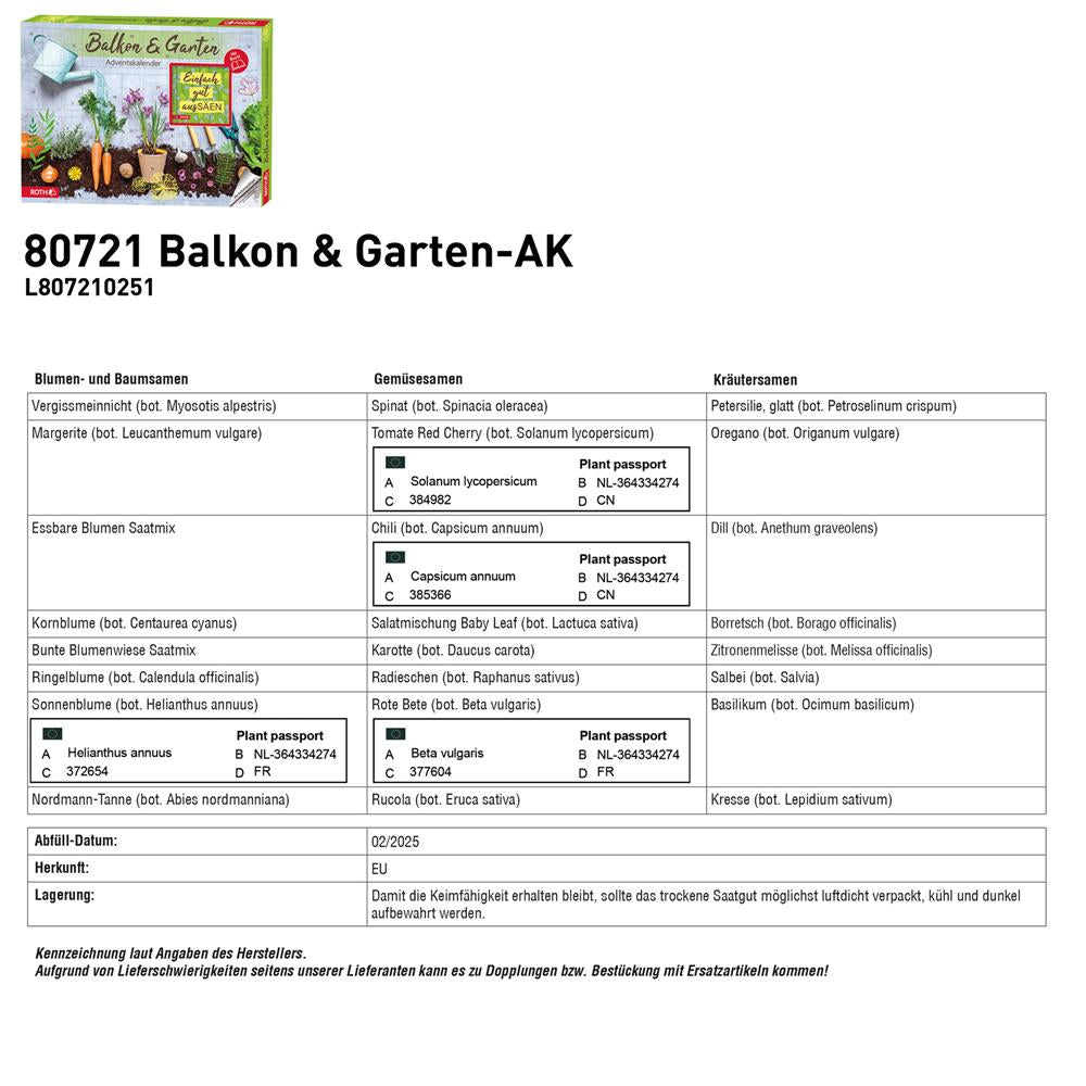 Roth Balkon & Garten-Adventskalender – 24 Samentütchen mit Aussaat-Tipps