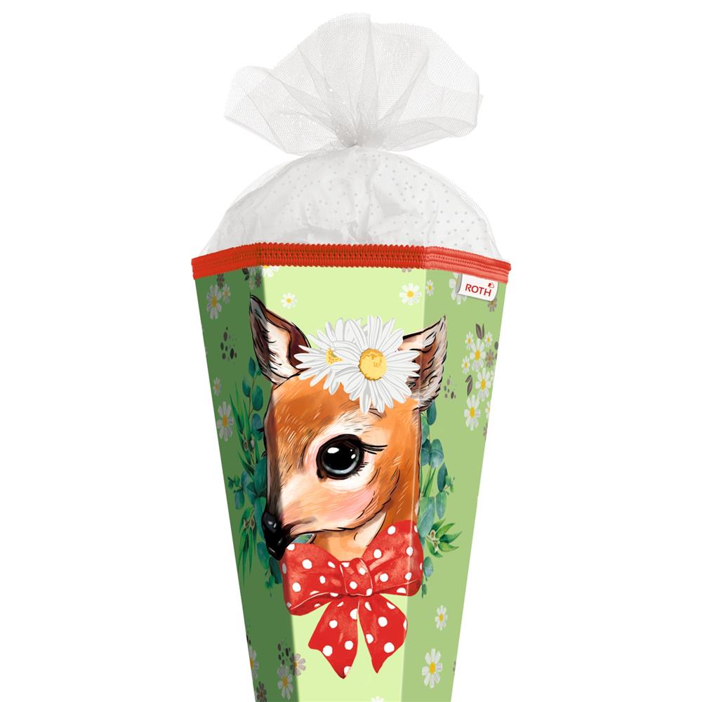 Roth Schultüte Reh, 85cm, eckig, Rot(h)-Spitze, Tüllverschluss