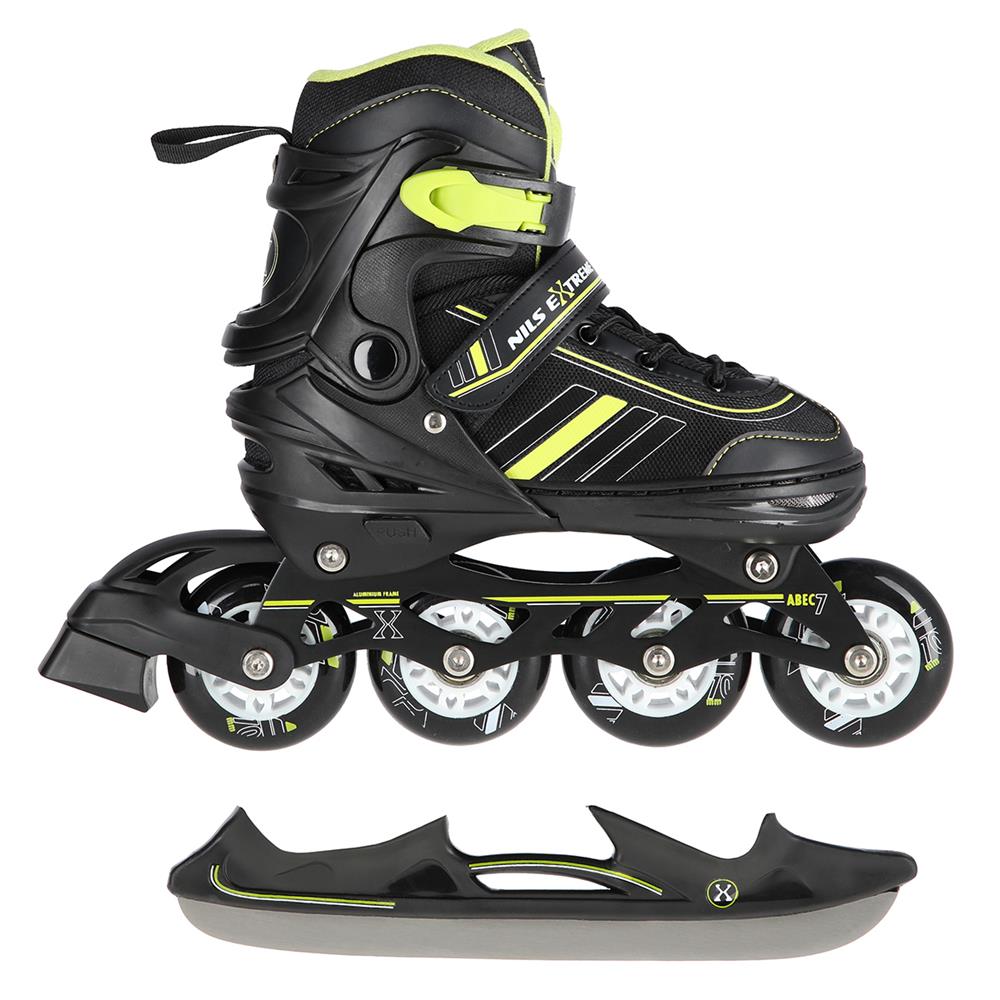 NILS EXTREME NH18191 2in1 Inliner Schlittschuhe Kinder Gr. 34-38, Schwarz-Limettengrün, verstellbar