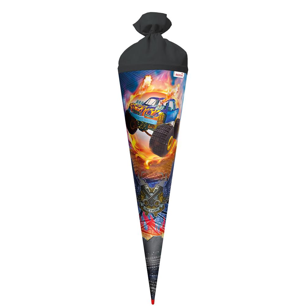 Roth Schultüte Monstertruck Fire, 70cm, rund, Rot(h)-Spitze, Filzverschluss