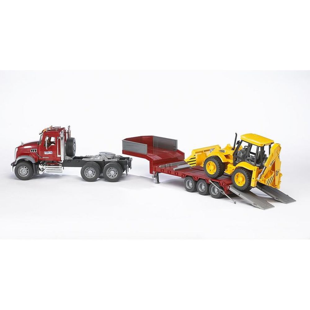 Bruder 02813 - MACK Granite LKW mit Tieflader und JCB 4CX Baggerlader, 1:16