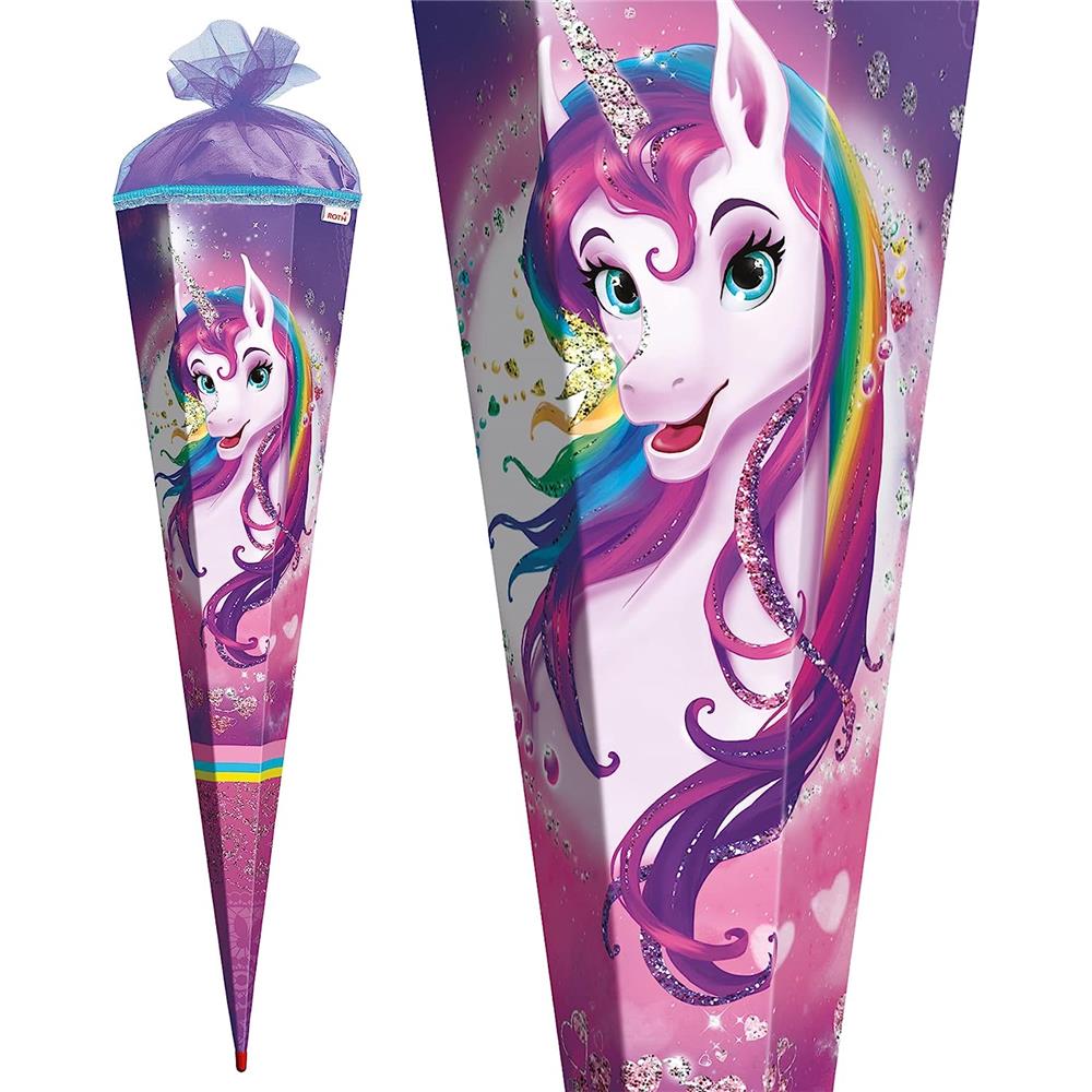 Roth Schultüte Einhornportrait, 85cm, eckig, Rot(h)-Spitze, Tüllverschluss, Glitzer