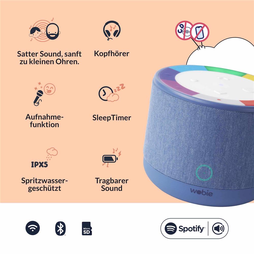 Wobie Box Blau Kinder Musikbox mit Spotify, WLAN, Bluetooth, SD-Slot & Kopfhöreranschluss
