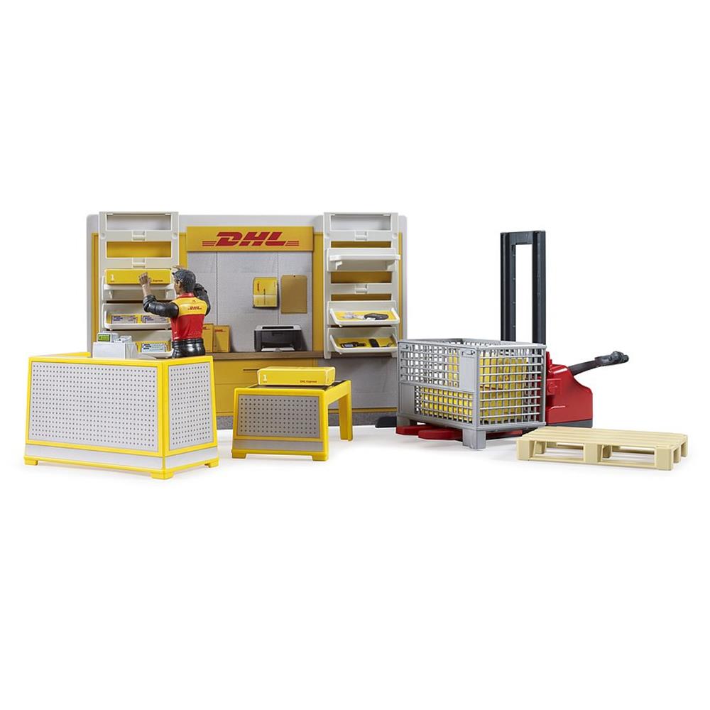 Bruder 62251 - bworld DHL Paketshop mit Handhubstapler und Figur