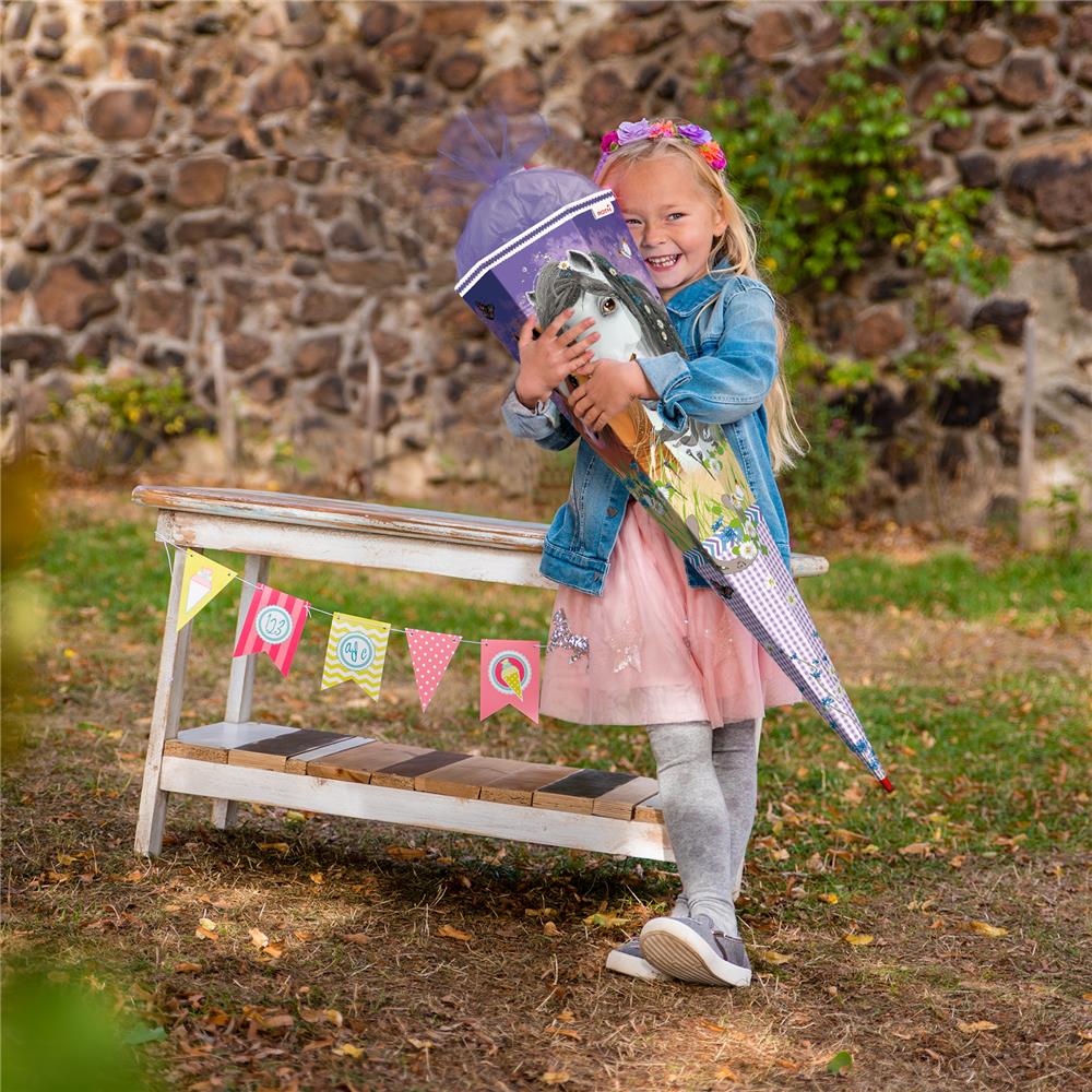 Roth Schultüte Blumenpferde, 85cm, eckig, Rot(h)-Spitze, Tüllverschluss, Glitter