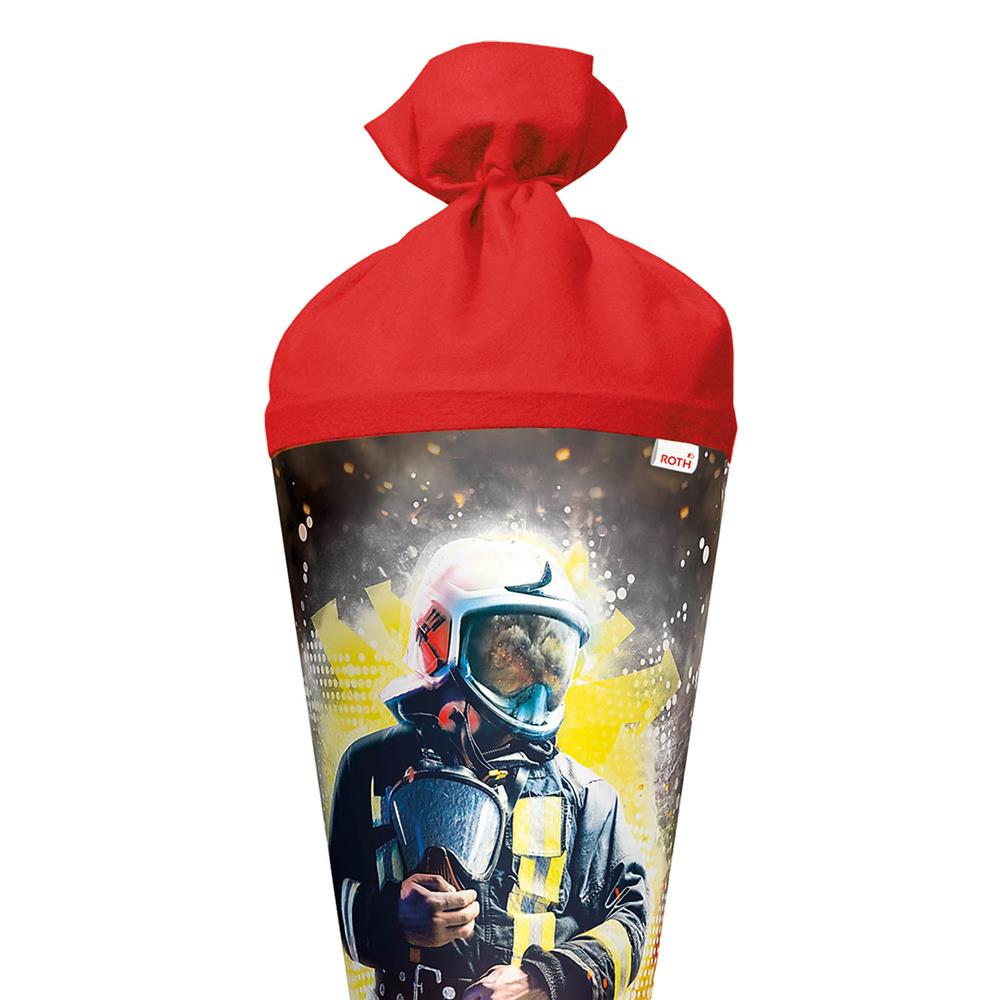 Roth Schultüte Feuerwehrmann, 70cm, rund, Rot(h)-Spitze, Filzverschluss, Folieneffekt
